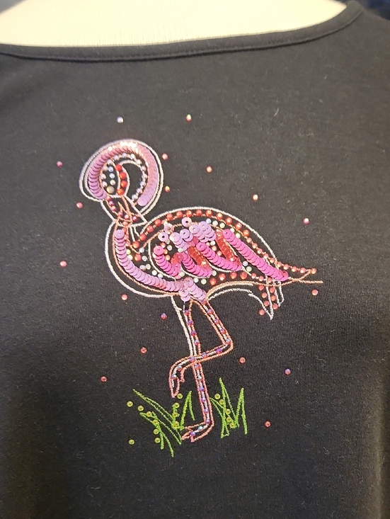 Quacker Factory Tops - Quacker Factory By Jeanne Bicea Black Tee with Pink Sequin Flamingo Size L